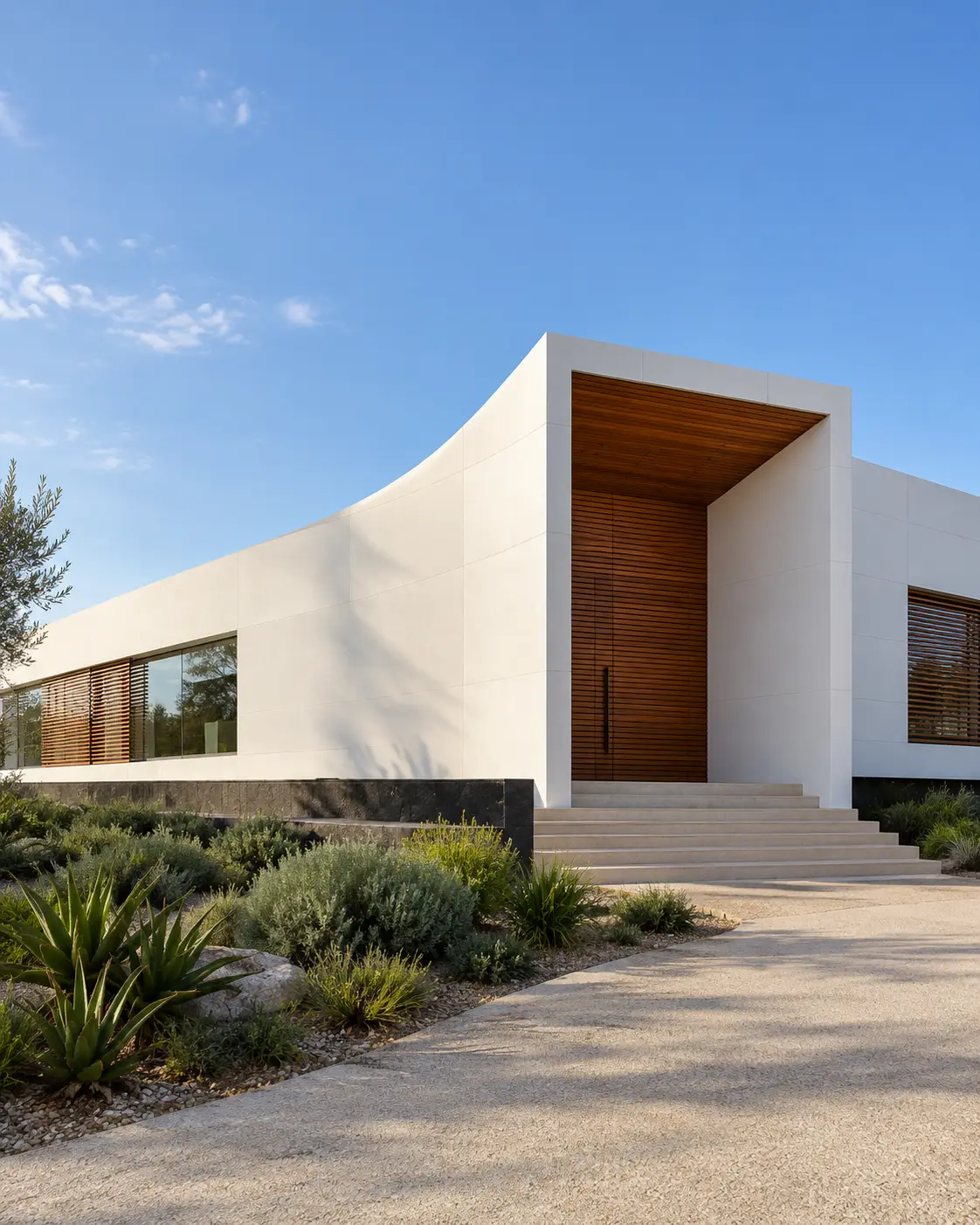 Edificio con fachada ventilada curva de Corian® blanco y entrada de madera