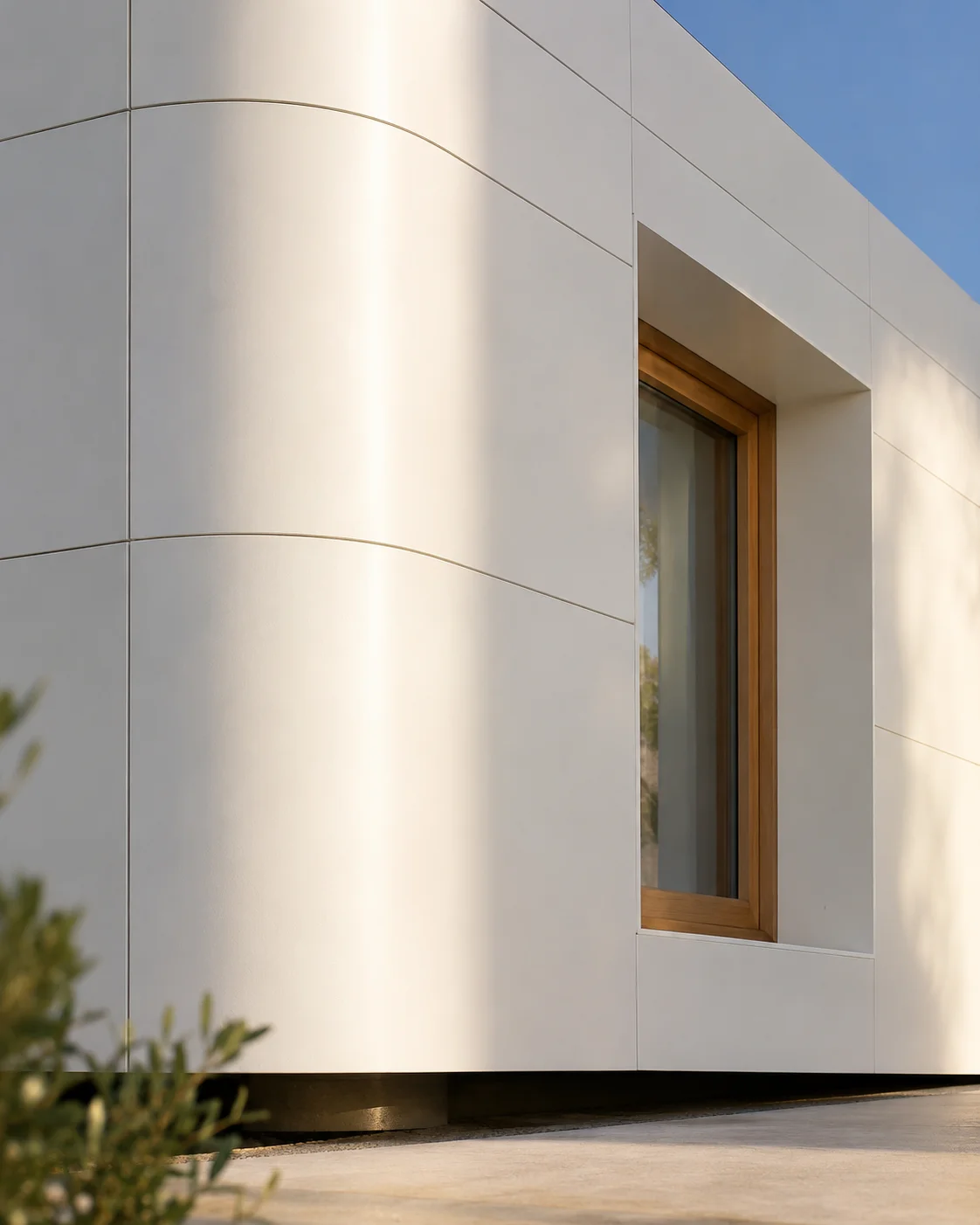 Esquina curva de fachada ventilada de Corian® blanco con ventana de madera