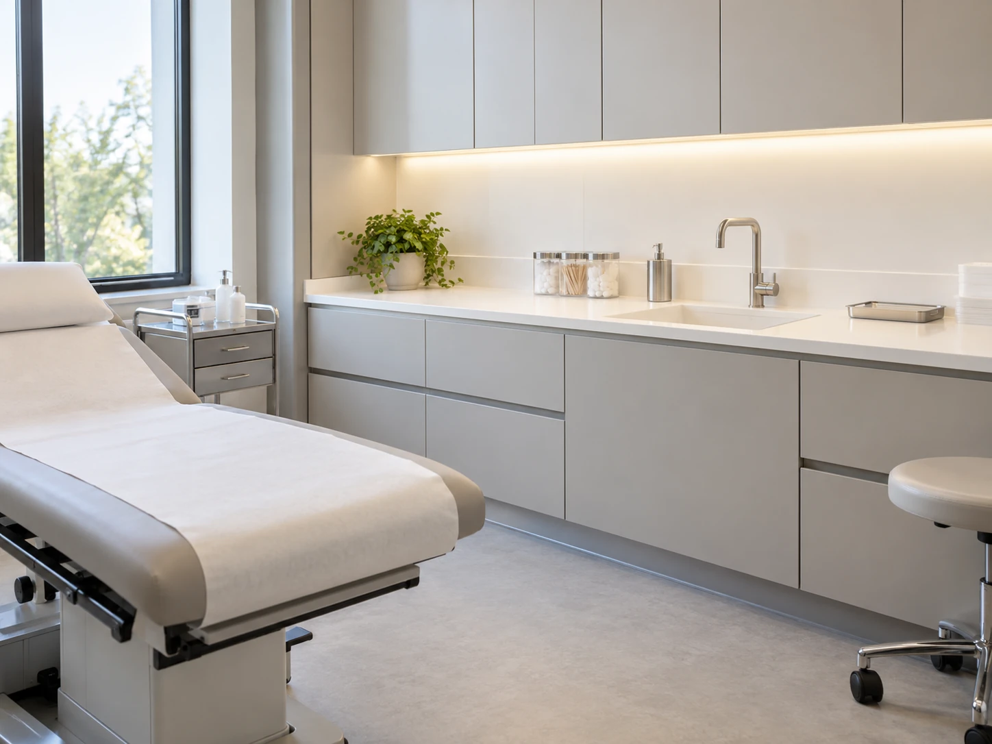 Consulta médica con encimera y lavabo integrados