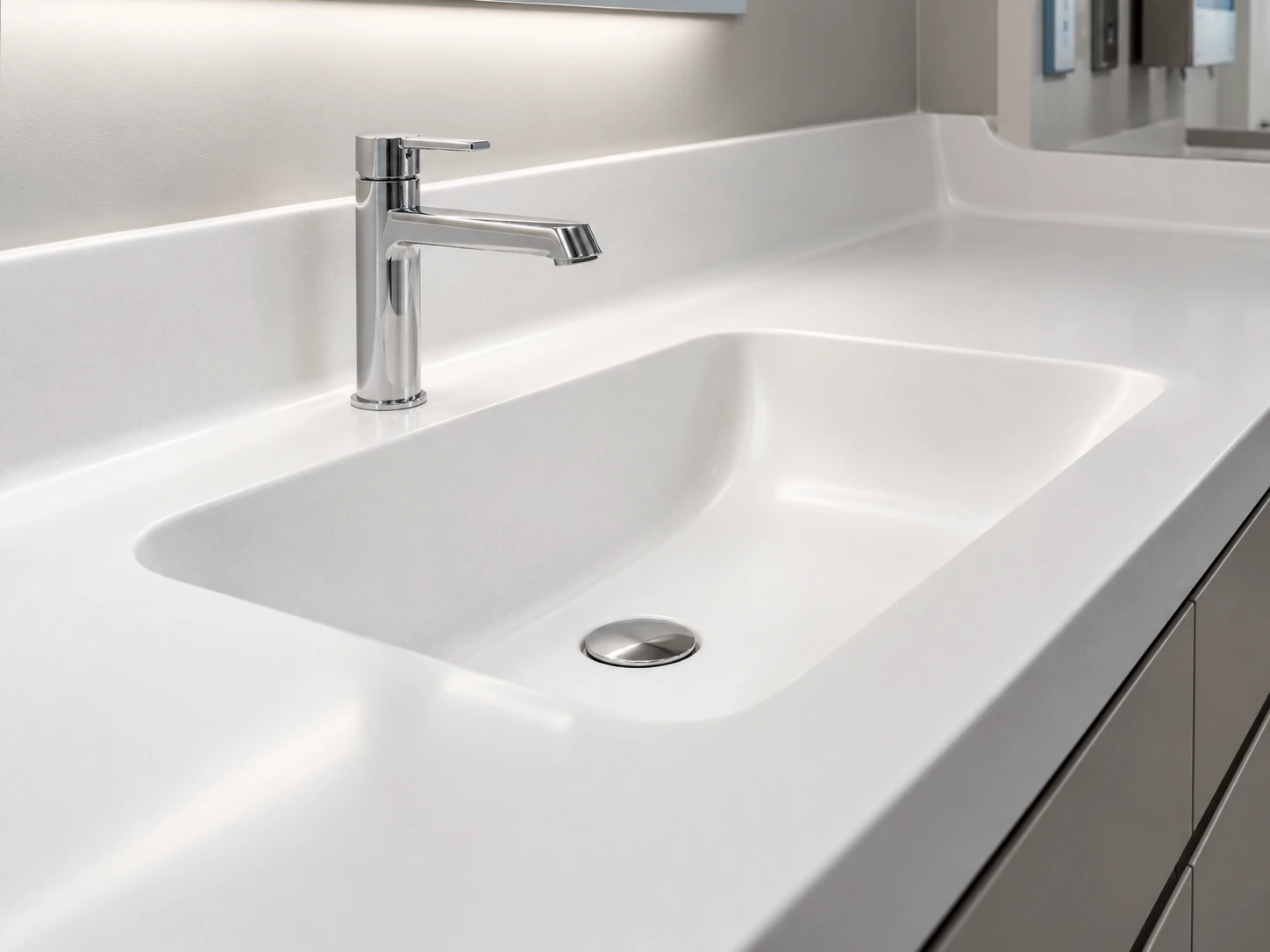 Lavabo integrado en una superficie continua para uso sanitario
