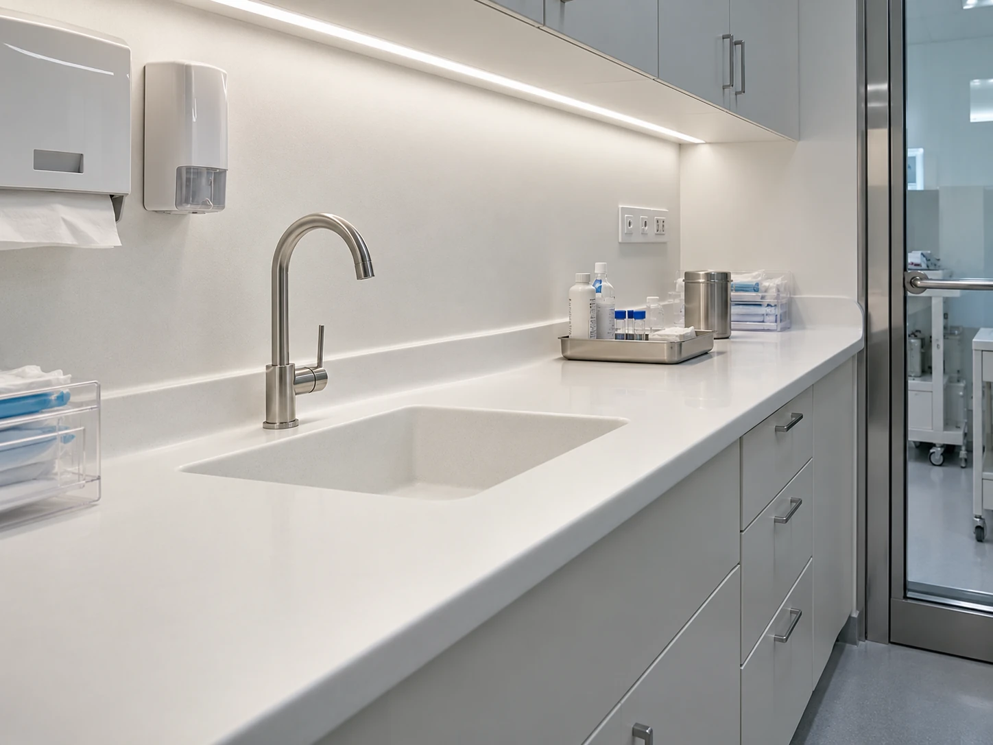 Encimera técnica con lavabo integrado en una zona clínica